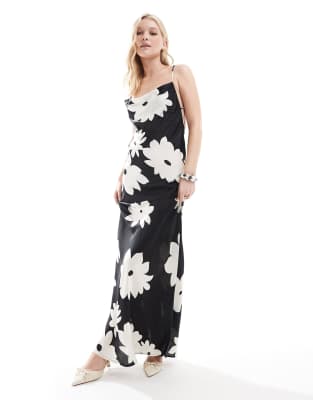 satin low cross back maxi dress in black flower print