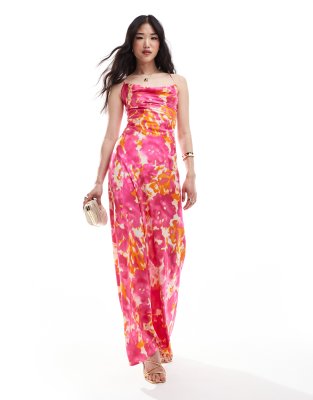 satin low cross back maxi dress in pink abstract print