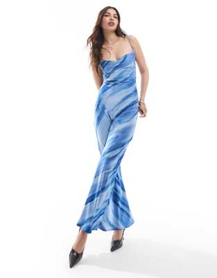 satin low cross back maxi dress in tonal blue zebra print