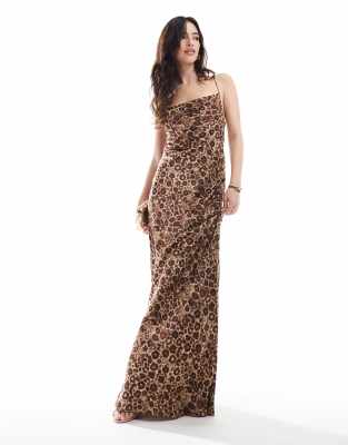 satin low cross back maxi dress in tonal leopard print-Brown