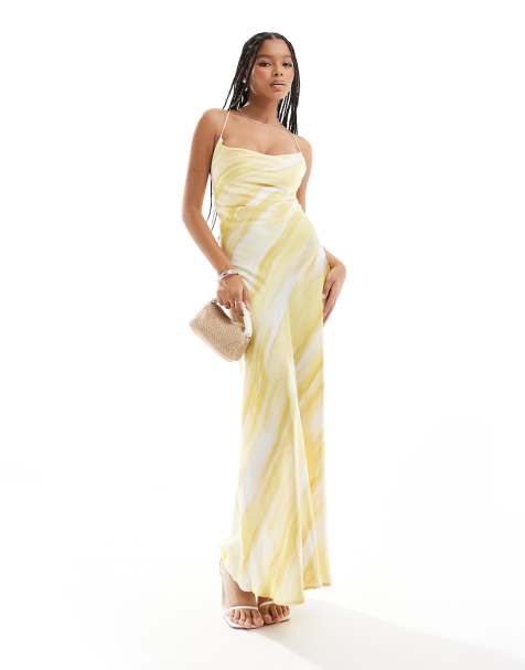 Object satin low cross back maxi dress in yellow abstract print - view 1