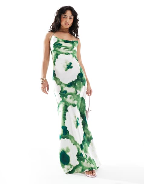 Object satin low cross back maxi slip dress in abstract green floral - view 1