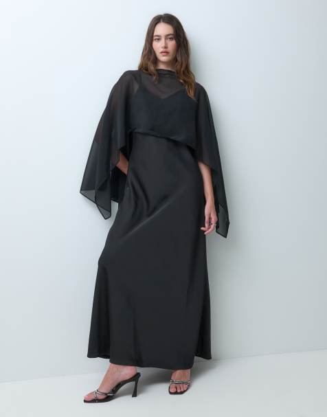 Object satin maxi dress with cape detail in black - view 1