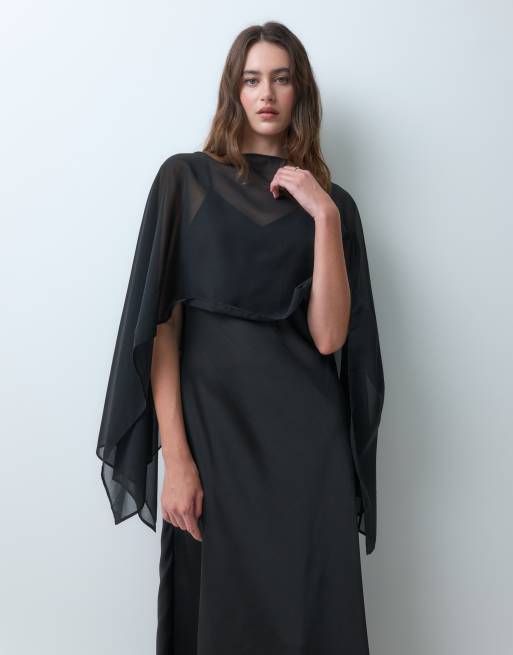 Object satin maxi dress with cape detail in black, 4 of 5
