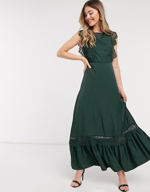 Object satin maxi dress with open back and lace inserts in green