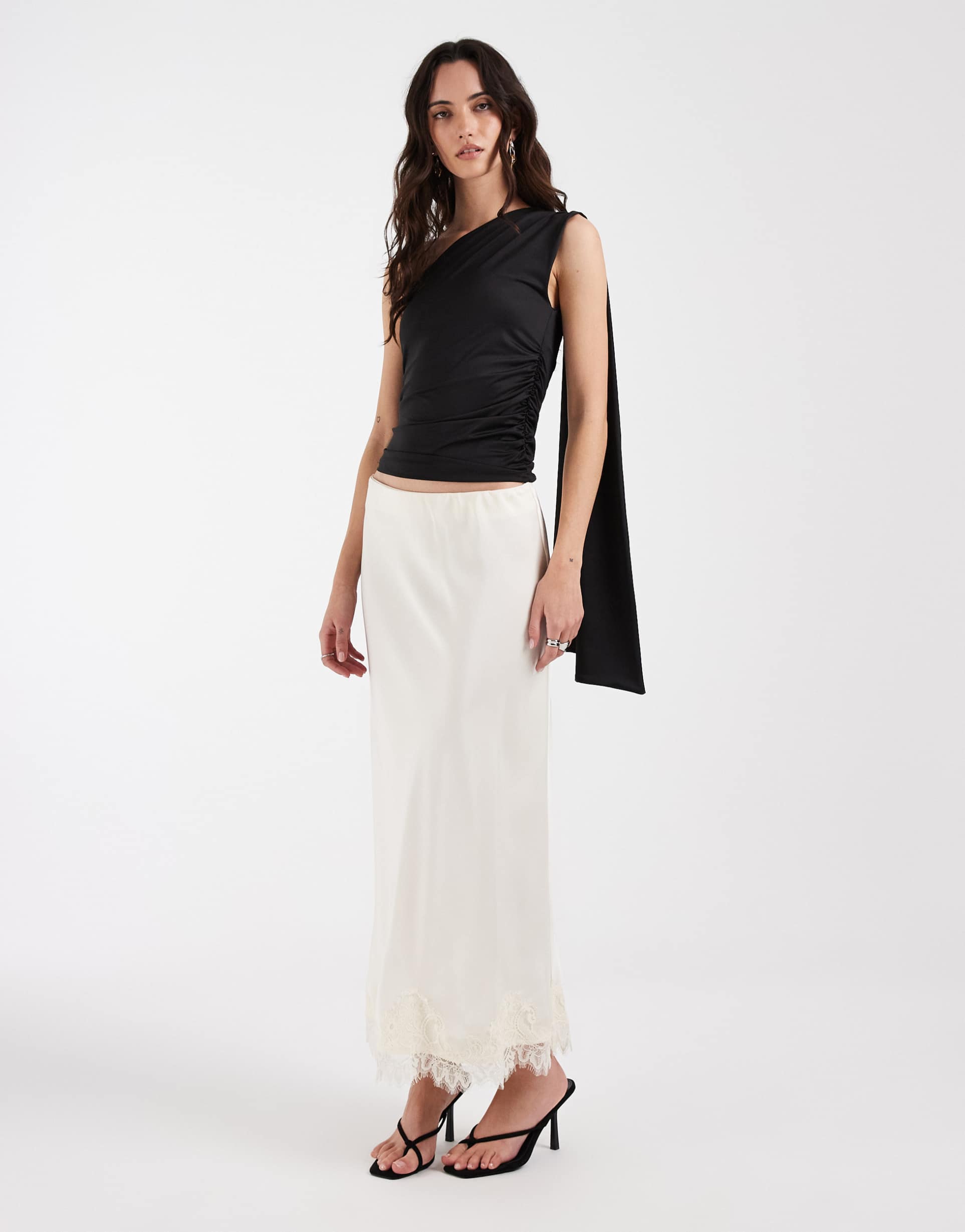 object satin maxi skirt with lace trim in white