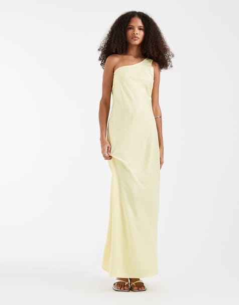 Object – Satin-Maxikleid in Buttergelb mit One-Shoulder-Träger - view 1