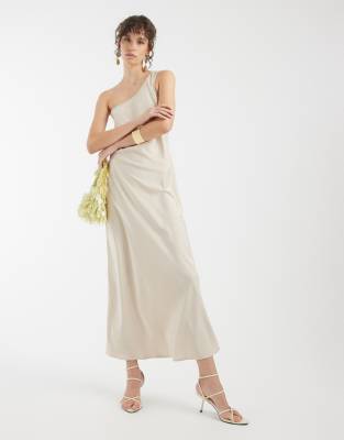Object - Satin-Maxikleid in Sandmuschel-Beige mit One-Shoulder-Träger-Weiß