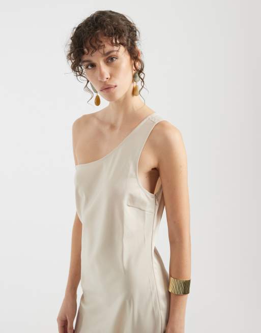 Object – Satin-Maxikleid in Sandmuschel-Beige mit One-Shoulder-Träger, 4 von 4