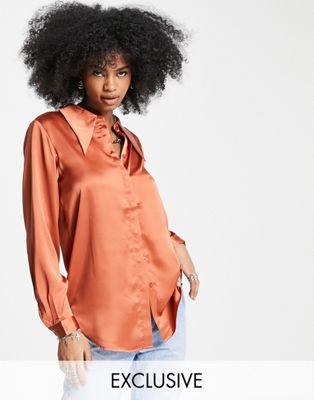 Object satin shirt with exaggerated collar in copper - ASOS Price Checker