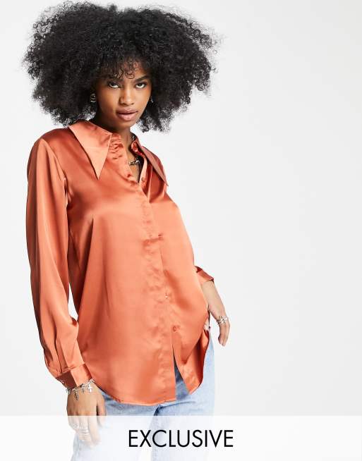 Object satin shirt with exaggerated collar in copper | ASOS