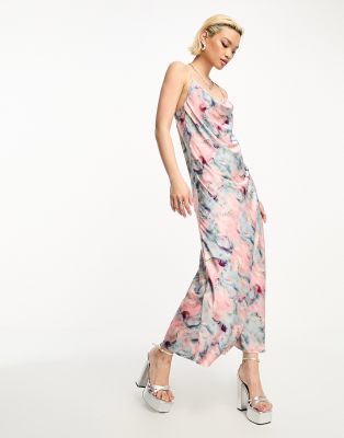 Object Satin Slip Midi Dress In Blurred Pink Watercolor Print-multi