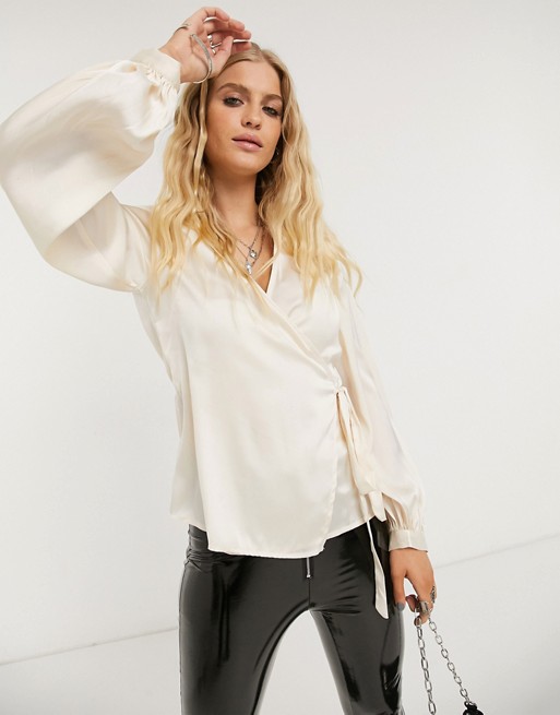 Object satin wrap blouse with volume sleeves in champagne