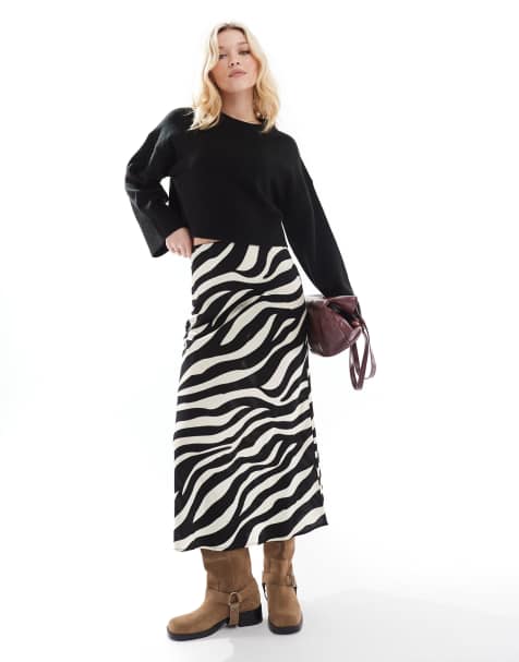 Object satin ankle skirt in mono zebra print