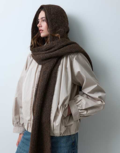 Object sciarpa con cappuccio lavorata a maglia super morbida in mélange marrone, 3 di 5