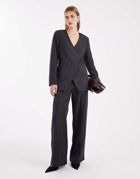 Object seam front tailored wide leg trouser co-ord in dark grey melange - view 1