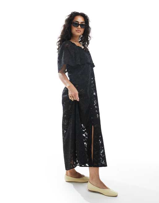 Object sheer burnout floral boho layering dress in black, 4 of 4