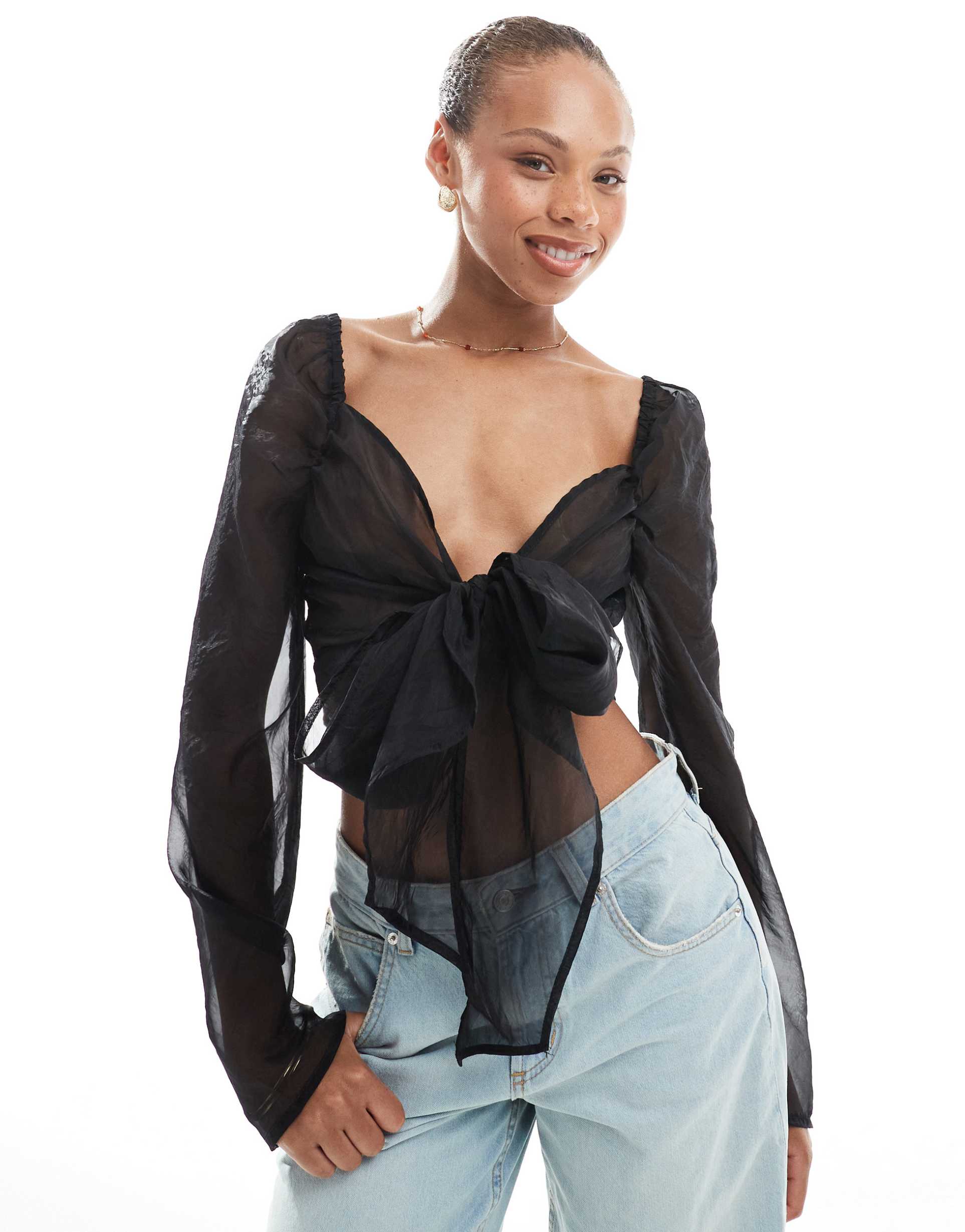 object sheer organza wrap front top in black