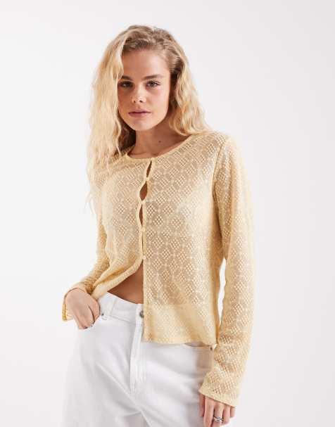 Object sheer pattern jersey button front cardigan in sunlight yellow - view 1