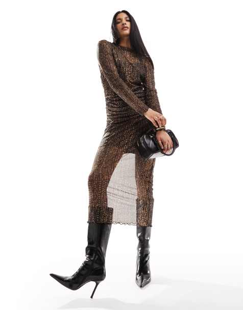 Object sheer ruched mesh maxi dress in brown abstract dot print - view 1