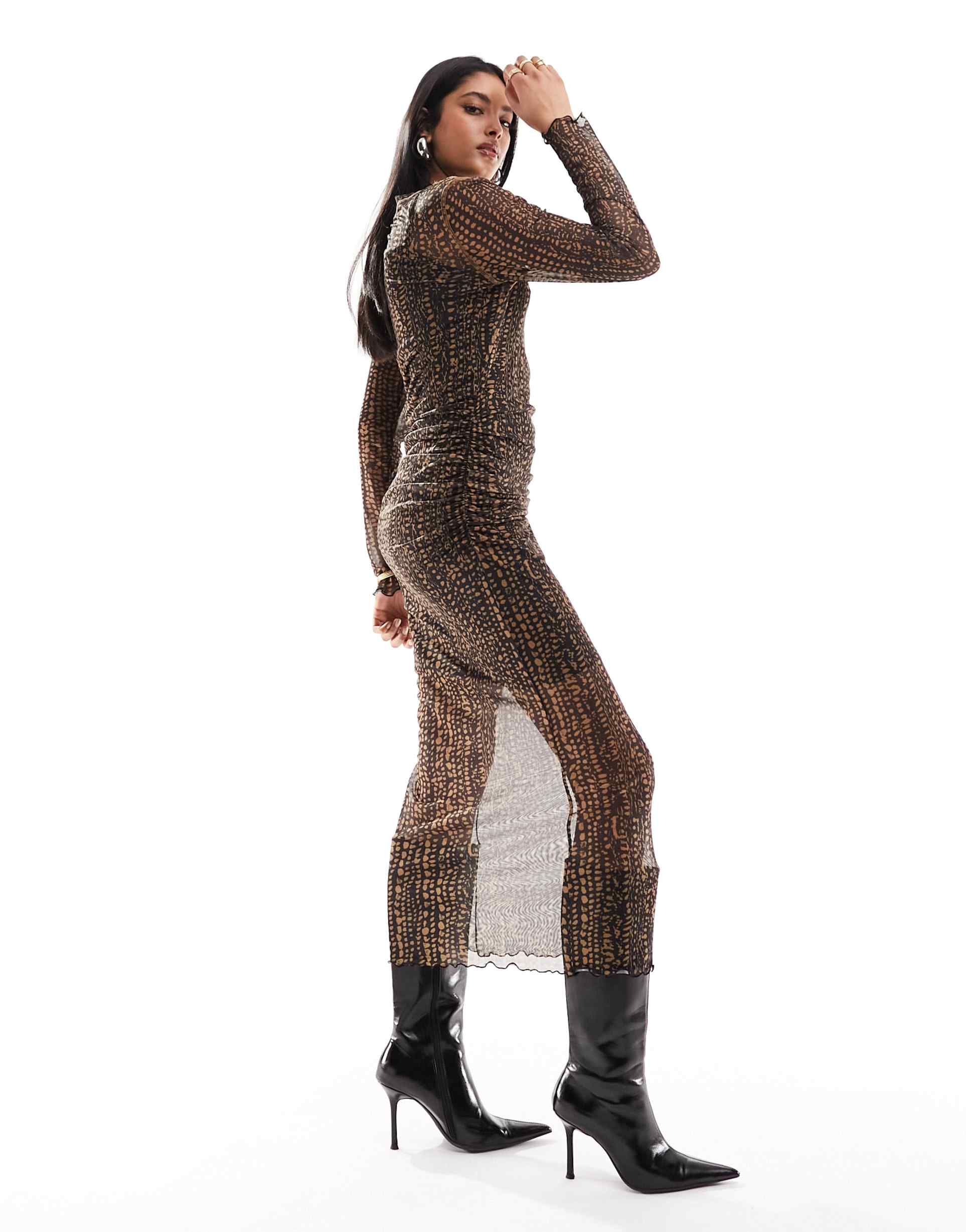 object sheer ruched mesh maxi dress in brown abstract dot print