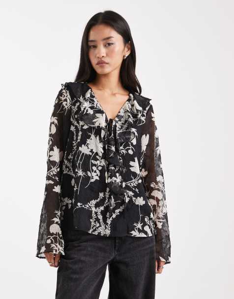Object sheer ruffle boho style blouse in black floral print