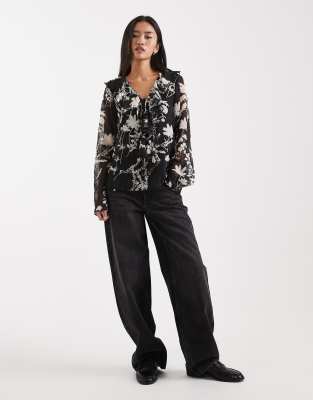 Object Sheer Ruffle Boho Style Blouse In Black