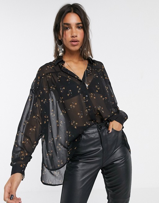 Object sheer shirt with pleat front detail in black ditsy floral