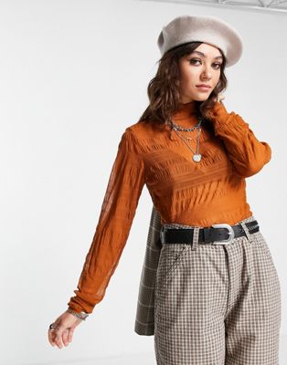 Object sheer textured long sleeved top with high neck in orange