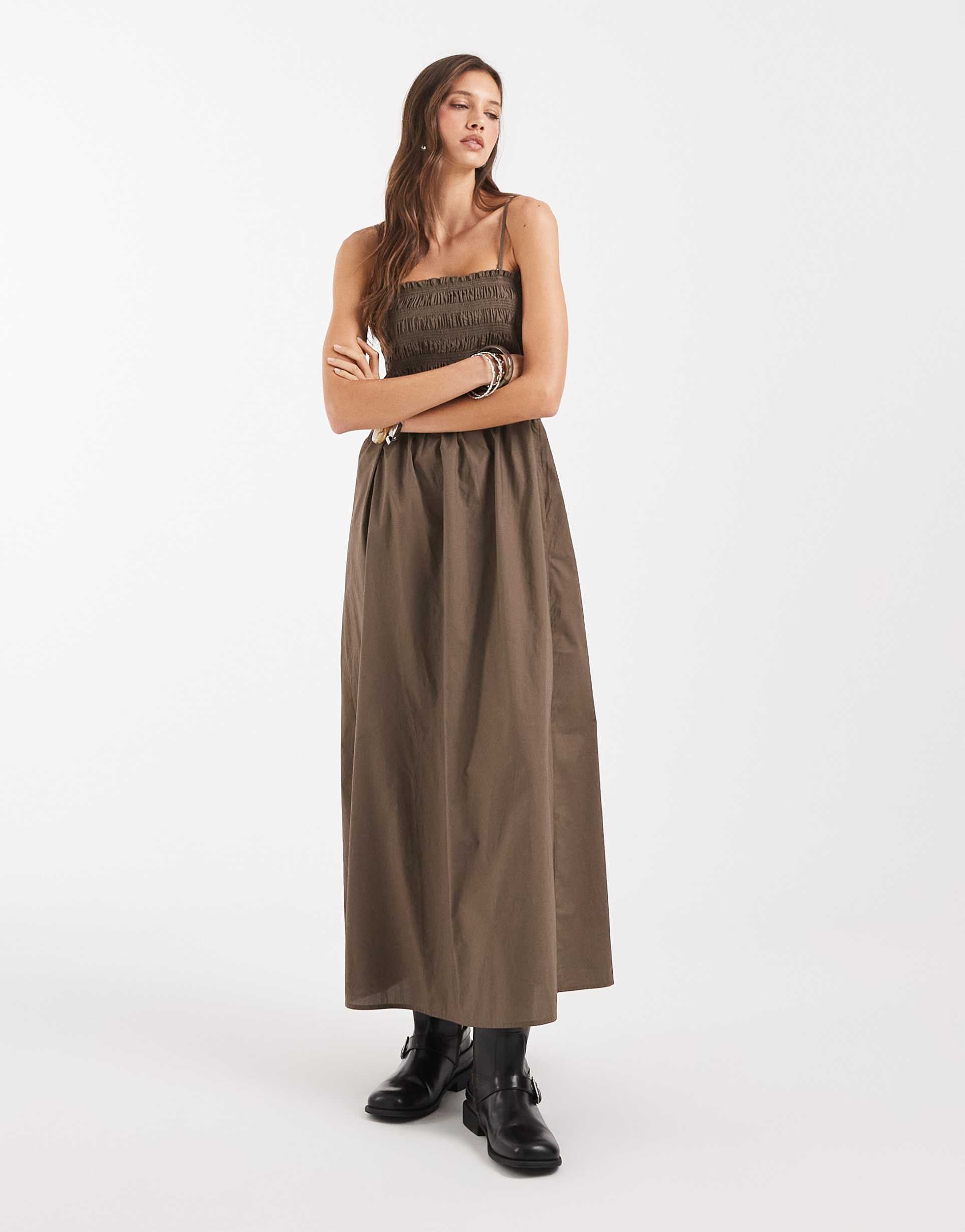 object shirred bodice detailing cami midaxi dress in morel brown