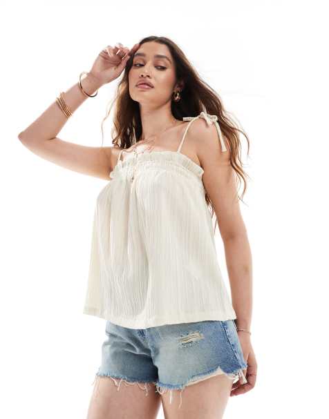 Object shirred floaty cami top with tie details in cream - view 1