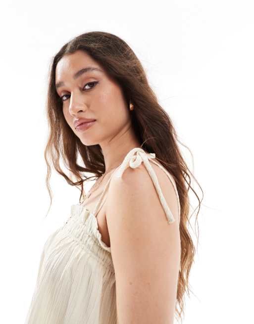 Object shirred floaty cami top with tie details in cream, 3 of 4