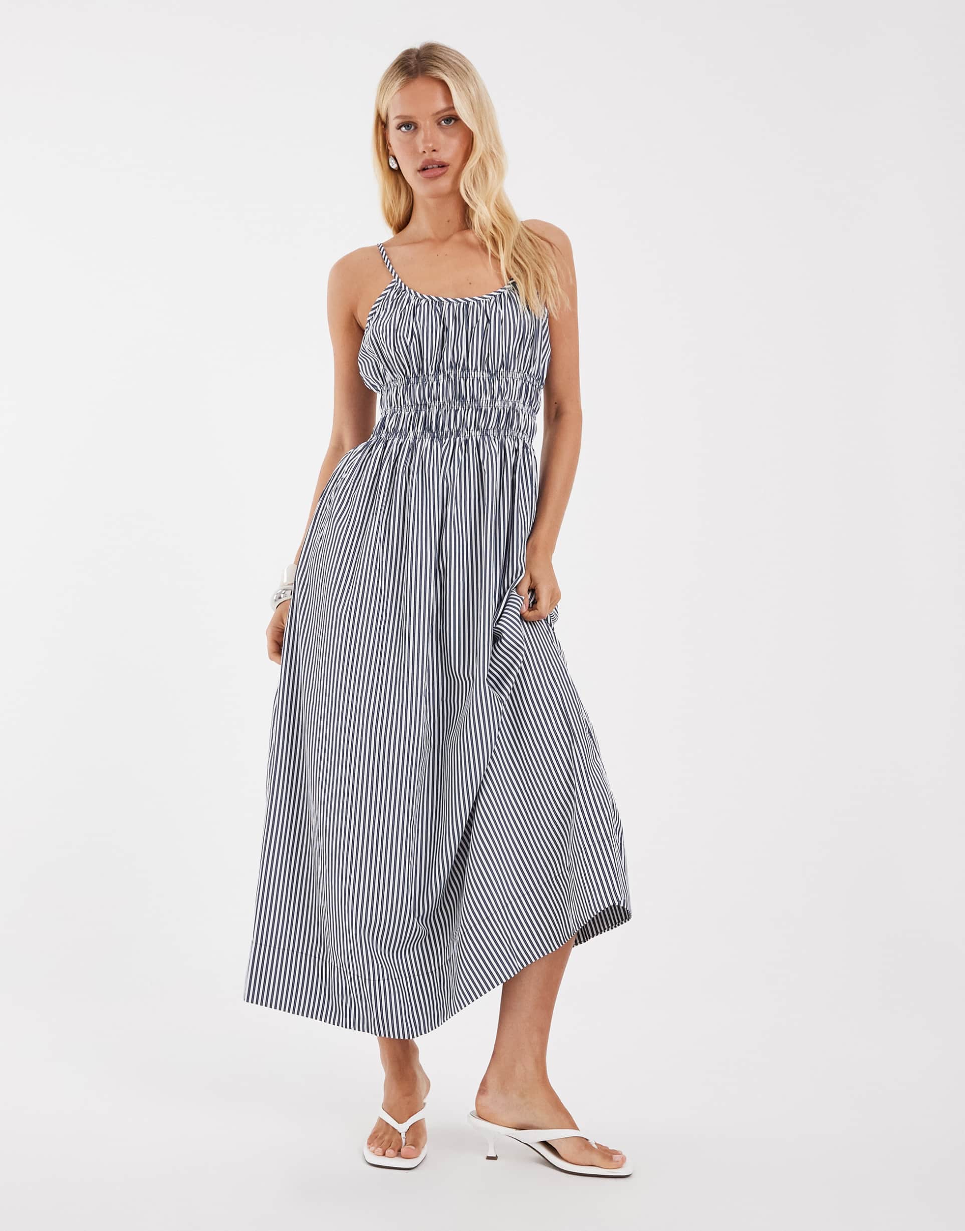 object shirred waist cami maxi dress in blue and white stripe