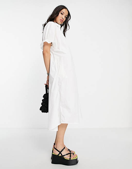 Object shirt dress with frill sleeve in white