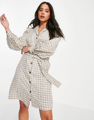 Object shirt dress with self belt in gingham print