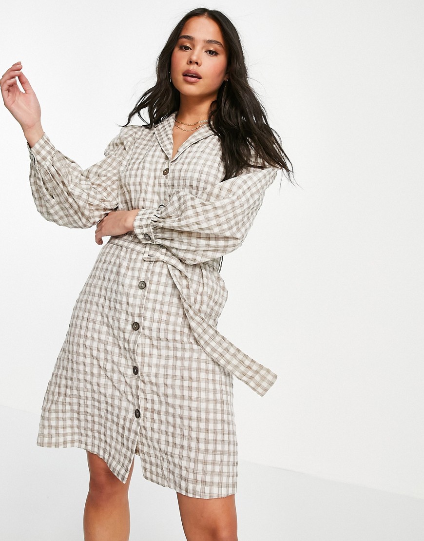 Object shirt dress with self belt in gingham print-Multi