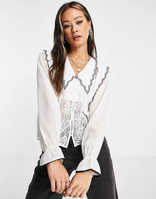 Women Shirts & Blouses/Object shirt with lace and frill detail in white 