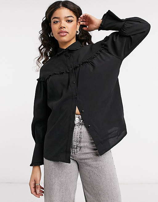 Object shirt with ruffle detail in black