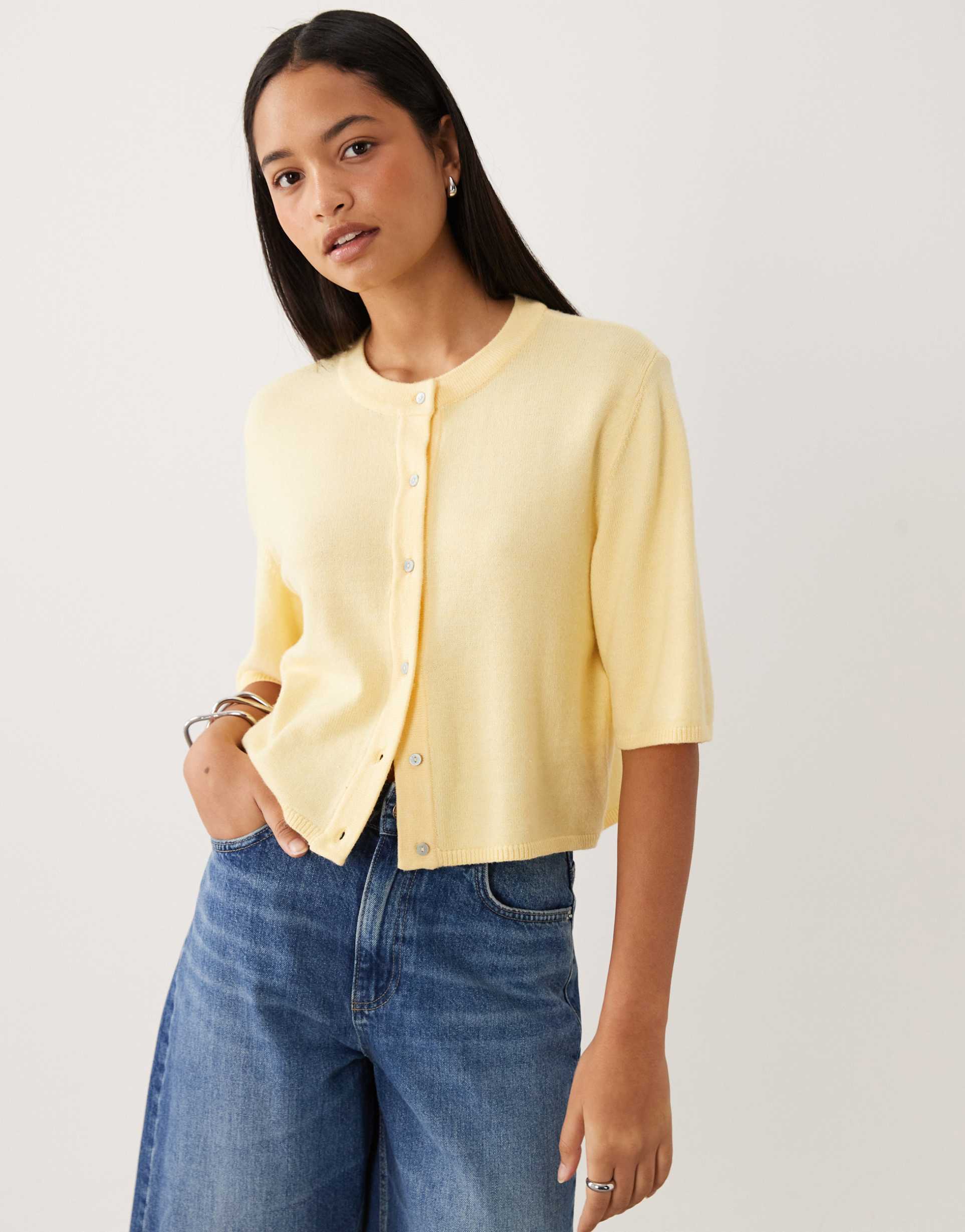 object short sleeve knit cardigan in buttermilk