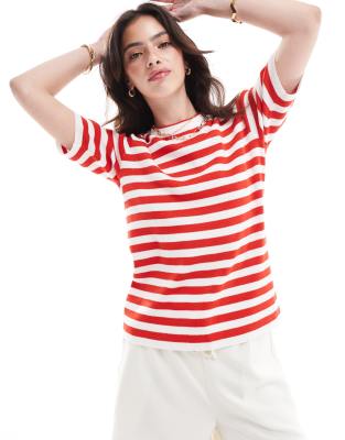 short sleeve knit top in red and white stripe-Multi