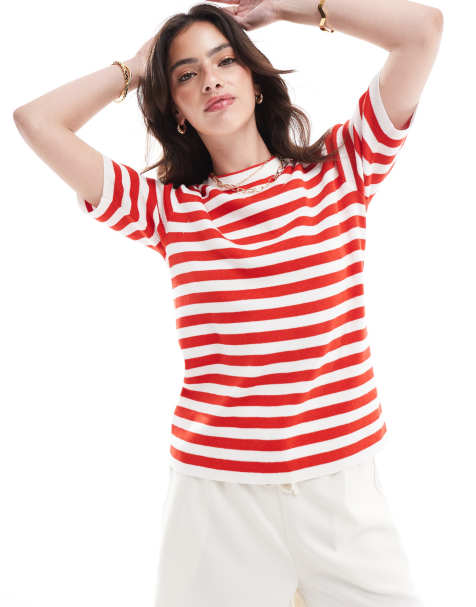 Object short sleeve knitted top in red and white stripe - view 1