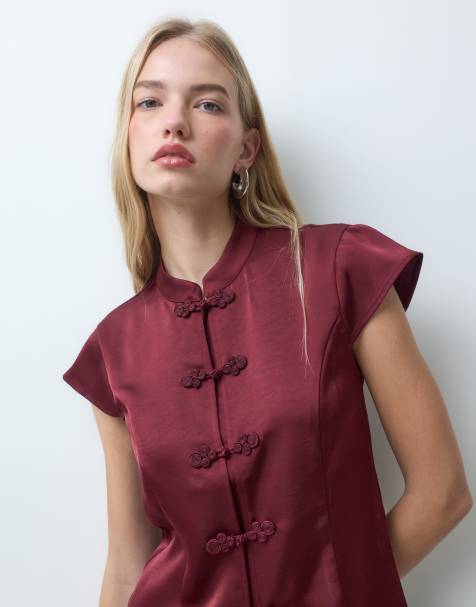 Object short sleeve mandarin style top in burgundy - view 1