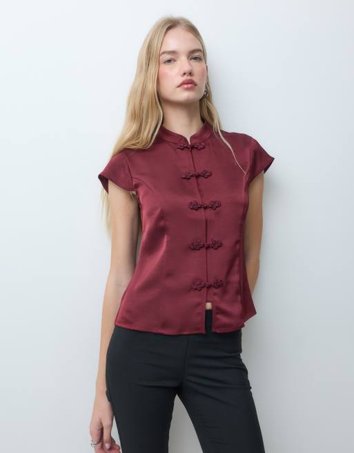 Object short sleeve mandarin style top in burgundy, 4 of 4