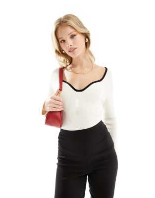 skinny rib knitted top with contrast piping in white