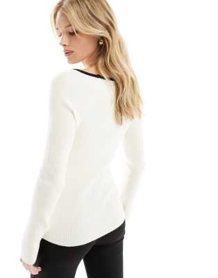 Object Skinny Rib Knitted Top With Contrast Piping In White