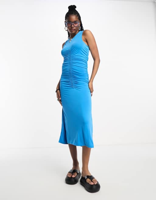 Object sleeveless jersey midi dress with ruched front in blue