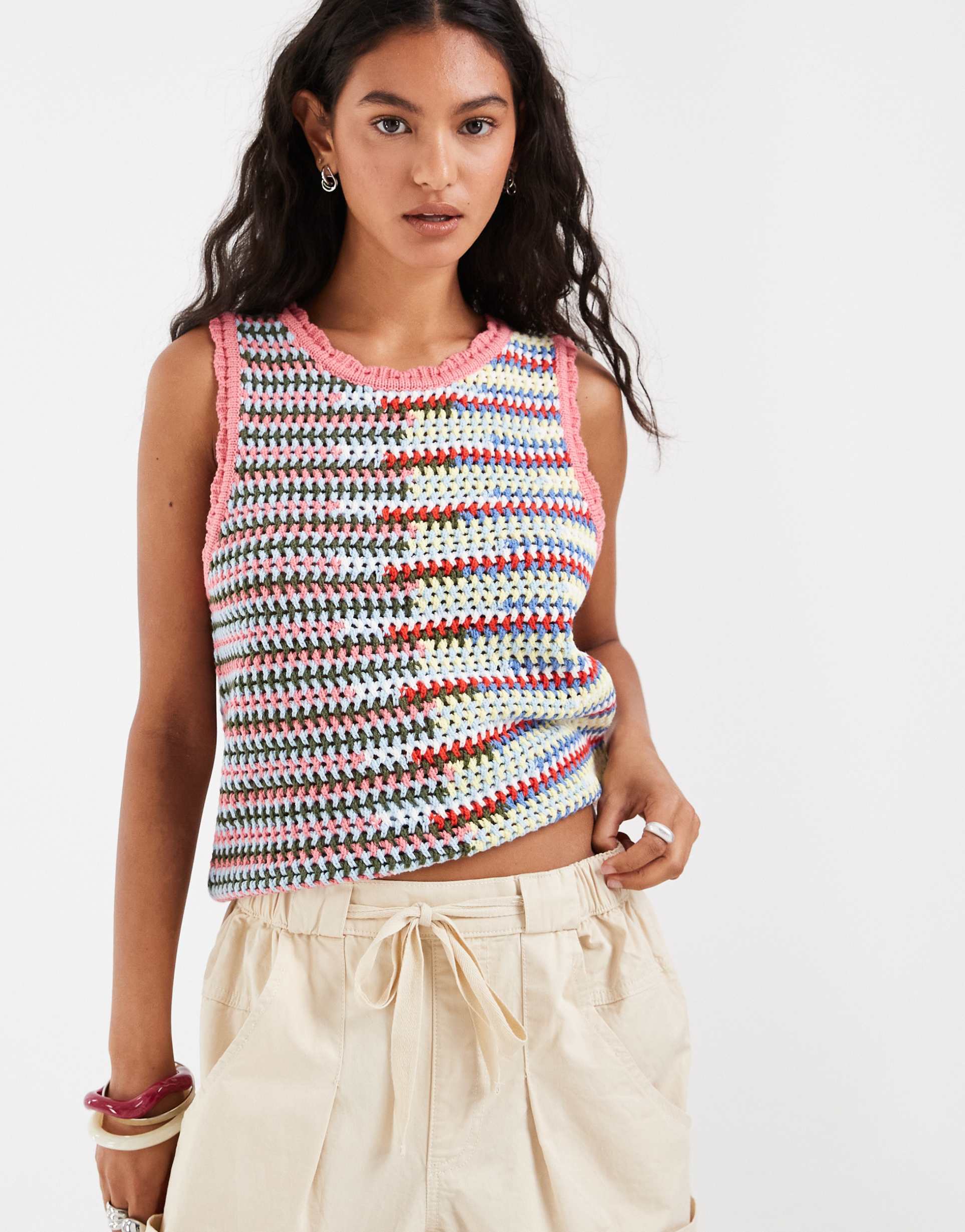 object sleeveless stitch detail crochet tank in multicolor