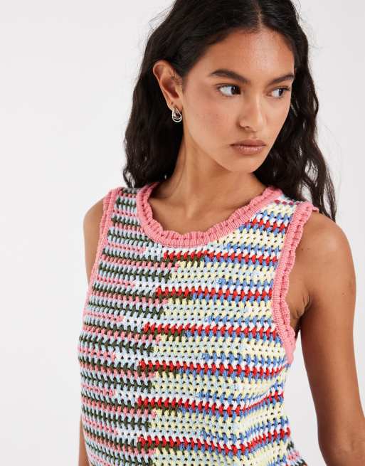 Object sleeveless stitch detail crochet vest in multicolour, 3 of 4