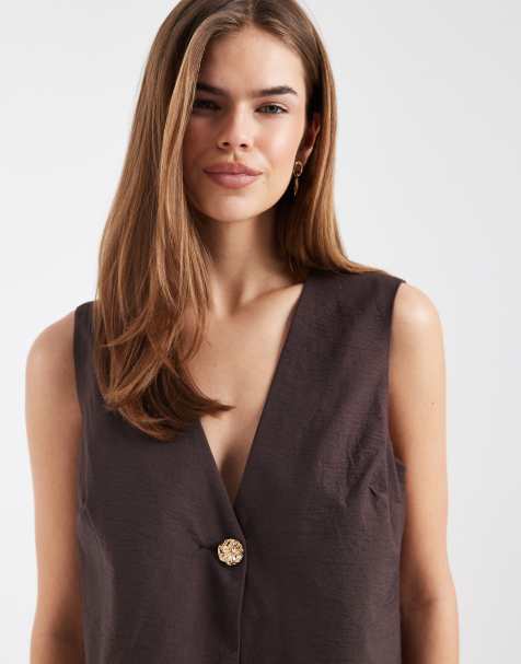 Object sleeveless tailored vest with gold button detail in chocolate - part of a set - view 1