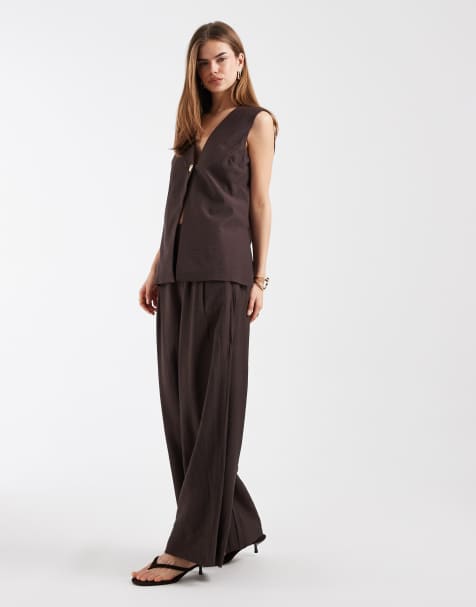 Object sleeveless tailored waistcoat and pleat front wide leg pants set with gold button detail in chocolate - view 1